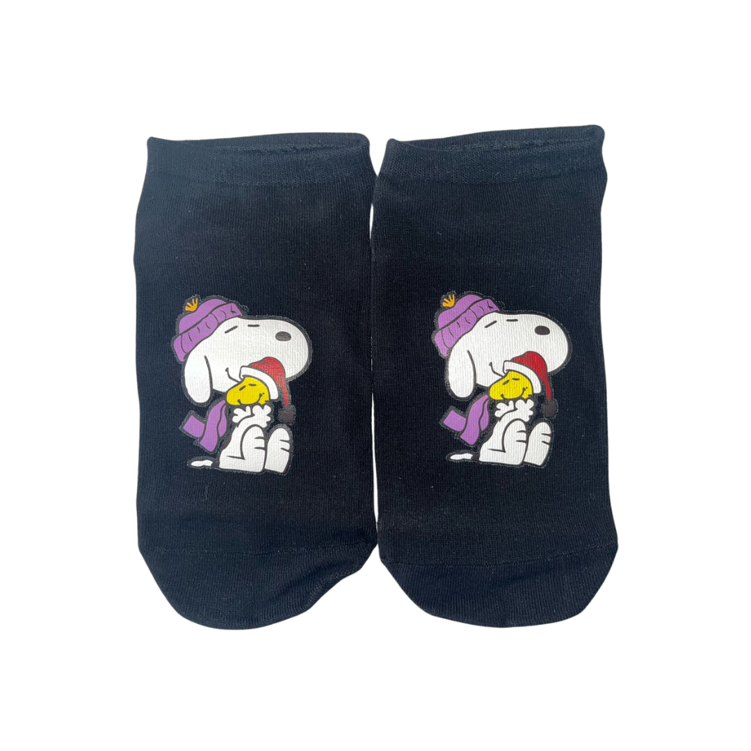 calcetines negros de boca corta con estampado snoopy y woodstock 32-40