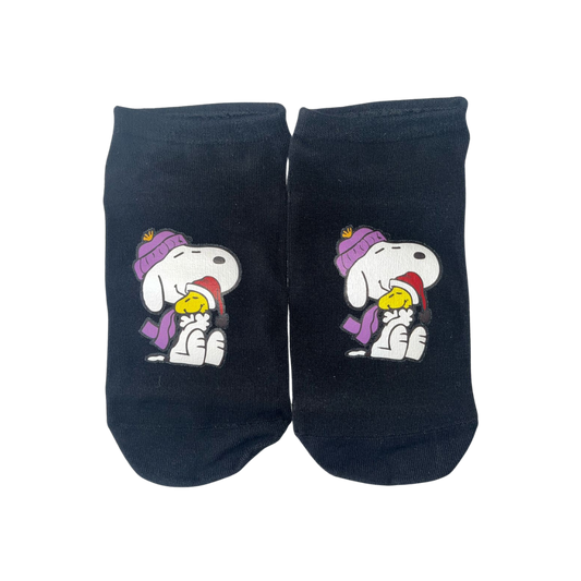 calcetines negros de boca corta con estampado snoopy y woodstock 32-40